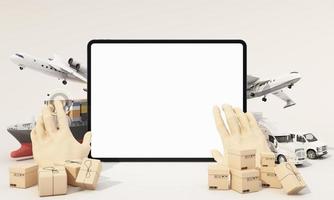 international transport shipping concept with tablet screen VR surrounded by cardboard boxes, a cargo container ship, a flying plane, a van and a truck isolated on white background 3D rendering photo