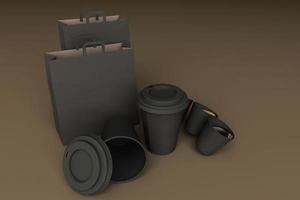 Set of black coffee cups and bag on pastel background. 3d rendering