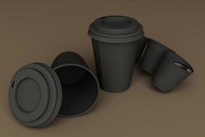 juego de tazas de café negro sobre fondo pastel. representación 3d foto