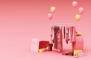 Clothes on a hanger surrounding by bag and market prop with credit card on the floor. 3d rendering photo