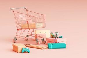 Supermarket shopping cart surrounding by giftbox with credit card on pastel background. 3d rendering photo