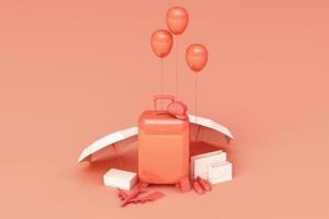 Suitcase with traveler accessories on pastel background. travel concept. 3d rendering photo