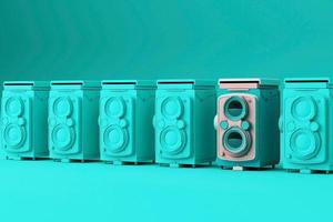 Colorful vintage camera surrounding by memphis pattern on a pastel background. 3d render. photo