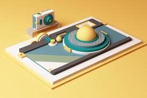 Design with composition the camera of geometric memphis style shapes in pastel tone. 3d rendering illustration photo