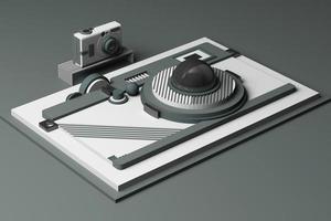 Design with composition the camera of geometric memphis style shapes in pastel tone. 3d rendering illustration photo