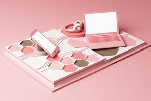 Laptop,smartphone and headphone with technology concept abstract composition of geometric shapes platforms in pastel color. 3d rendering photo