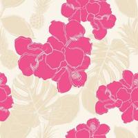 Hibiscus flowers and leaves seamless pattern background. Tropical nature wrapping paper or textile design. Beautiful print with hand-drawn exotic flower. vector