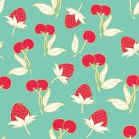 diseño de patrones sin fisuras de fresas y cerezas. hermoso fondo de bayas tropicales. frutas tropicales y hojas de fondo transparente. bueno para estampados, papel de envolver, textiles y telas. vector