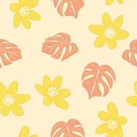 flores tropicales y hojas de monstera sin fisuras de fondo. papel de regalo de naturaleza tropical o diseño textil. hermoso estampado con plantas exóticas dibujadas a mano. vector