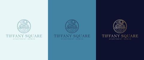 plantilla de logotipo vectorial para negocios de bienes raíces - ícono abstracto de verano y vacaciones y emblema para alquileres de vacaciones, servicios de viaje, spas tropicales y apartamentos. diseño de logotipo cuadrado tiffany vector