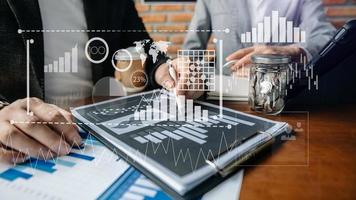 Data Management System with Business Analytics concept. business team hands working with provide information for Key Performance Indicators and marketing analysis onn virtual icon photo