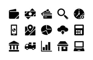 E Commerce Glyph Icons Including Wallet, Money, Card, Magnifier, Clock, Handphone, Map, Diagram, Cloud, Calculator, Bank, Truck, Statistic, Shop, Laptop vector