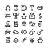 iconos de línea que incluyen trenza, barril, cerveza, botella, pan, banco, delantal, jamón, gnomo, lederhosen, hoja, avellana, tuba, carpa, carne, galleta, gorra, banjo, candelabro, clarinete, lúpulo, cubo vector