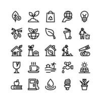 iconos de línea ecológica que incluyen hoja, semilla, bolsa, mano, bulbo, fruta, licencia, hoja, basurero, hombre, hogar, fábrica, hogar, hombre, madera, vidrio, taza, playa, grifo, energía solar, libro, biocombustible, gotitas , lámpara, flor vector