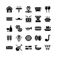 iconos de glifos que incluyen granero, barbacoa, bávaro, acordeón, globo, salchicha, bigote, tambor, dirndl, pastel, vino, pretzel, trompeta, perrito caliente, tirolesa, trigo, langosta, parrilla, pistacho, etc. vector