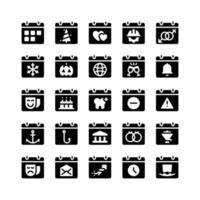 Calendar Glyph Icons Including Calendar, Pine, Date, Love, Laborer, Gender, Snow, Pumpkin, Globe, Glass, Bell, Comedy, Cake, Dental, Signs, Anchor, Bank, Ring, Bouquet, Envelope, Fireworks, Clock, Hat vector