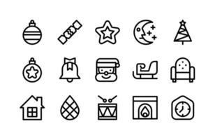 Christmas Line Icons Including Ornament, Cracker, Star, Moon, Tree, Ornament, Bell, Santaclaus, Sledge, Chair, House, Pinecone, Drumstick, Fireplace, Clock vector