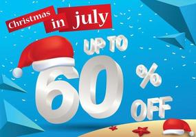 la venta más grande de navidad en julio, póster o plantilla de banner, con sombrero de santa y ofertas de descuento del 60 por ciento en 3d. vector