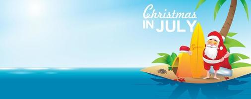 Christmas in June, July, August, for poster, marketing, advertising, summer sale, greeting card. santa in summer with copy space for text vector