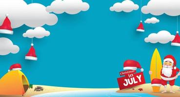 navidad en junio, julio, agosto, para carteles, marketing, publicidad, venta de verano, tarjeta de felicitación. santa en verano con espacio para copiar texto vector