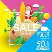 Christmas in June, July, August, for poster, marketing, advertising, summer sale, greeting card. santa in summer with copy space discount offers. vector