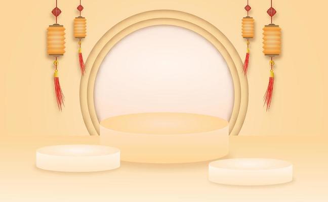 Abstract modern sweet product stage scene with composition empty cylinder podium for product cosmetic abstract background. Mock up Geometric shape in orange pastel colors and lamp.