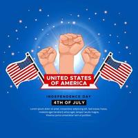 Shiny American Independence Day design background with flag and hand holding flag vector. vector