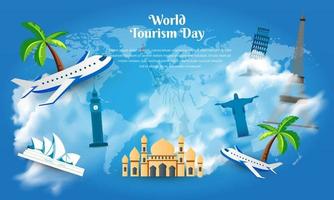elegante diseño del día mundial del turismo con monumentos famosos, avión aislado en el vector de fondo del cielo azul