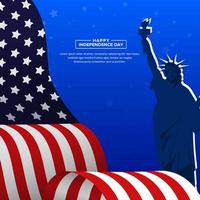 Elegant Wavy flag of american independence day design with silhouette of landmark statue vector