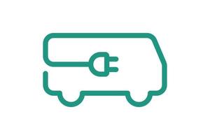 Electric bus icon. Green cable electrical e-bus contour and plug charging symbol. Eco friendly electro vehicle sign concept. Vector battery powered transportation eps illustration