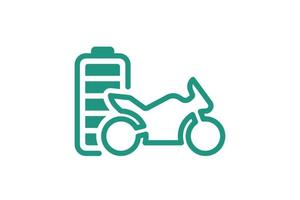 bicicleta deportiva eléctrica indicador de energía de la batería completamente cargada icono lineal verde. Símbolo de cargador de acumulador de motocicleta de transporte eléctrico. moto de carga eléctrica. recarga de vehículos ecológica vector