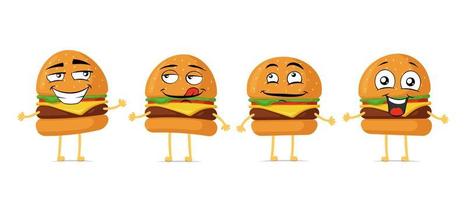 Burger funny smiling cartoon character set. Hamburger cute happy face mascot collection. Vector fast food cheeseburger joyful emoticons eps illustration