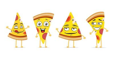 Pizza slice funny smiling cartoon character set. Italian dish piece cute happy face expression mascot collection. Different fast food joyful comic emoticons vector eps illustration