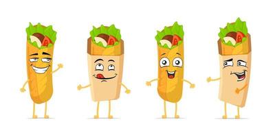 Shawarma funny smiling cartoon character set. Doner kebab cute happy face expression mascot collection. Different burrito fast food joyful comic emoticons vector eps illustration