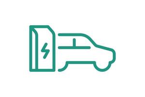 Electric car charging in charger station linear green icon. Electrical auto power charge symbol. Eco friendly electro vehicle recharge sign. Vector battery powered EV transportation eps logo