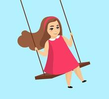 Smiling swinging girl with loose hair in pink dress. Happy cute little female kid play swing. Vector eps illustration