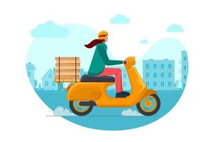 Pizza delivery guy at work on a red scooter with cityscape on background vector