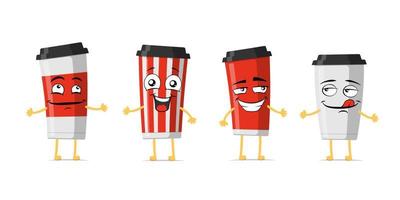 Disposable drink cup funny smiling cartoon character set. Beverage mug cute happy face mascot collection. Vector eps emoticons illustration