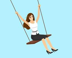 Smiling swinging beautiful woman. Happy successful businesswoman relaxing and playing on swing. Female business success and profit concept. Vector eps illustration