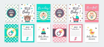 Set of vertical greeting cards and invitation for girl and boy baby shower. vector