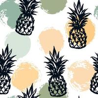 Tropical pineapple colorful seamless pattern with paint splashes. Summer design with hand drawn sketch elements. Vector illustration in pastel colors.