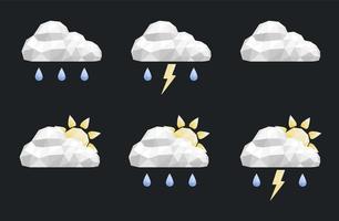 Set of volume low poly weather forecast icons. Clouds, rain, snow, lightning vector