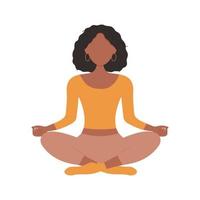Beautiful African American woman sitting and meditating in the lotus position. Meditation, healthy lifestyle and yoga. Vector illustration in flat style isolated on white background