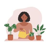 African American woman watering indoor plants from a watering can. Happy female character caring and growing houseplants at home. Vector illustration