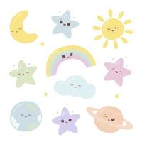 Collection of space and celestial elements with funny faces. Cute kawaii planets, stars, rainbow, sun, crescent and cloud. Vector Illustration