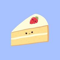 Kawaii cartoon piece of cake or sponge cake with cute face. Piece of cake with strawberries. Great design for any purposes. Vector illustration