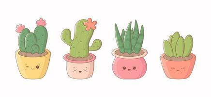 conjunto de lindos cactus, macetas con caras graciosas. colección de cactus coloridos, plantas de interior en estilo kawaii. ilustración vectorial aislado sobre fondo blanco vector