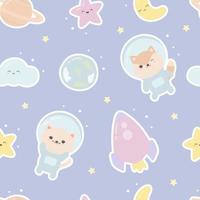 Seamless pattern with kawaii animals astronauts, planets, stars, rocket, crescent and cloud. Vector Illustration