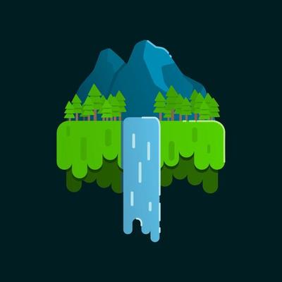 illustration of mountains and forest on floating island