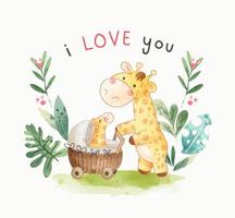 I love you slogan with cute father and son giraffe illustration vector